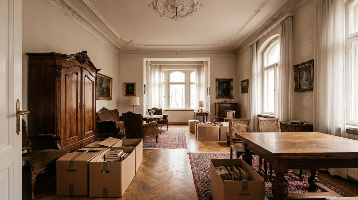Warm beleuchtetes Wohnzimmer in einer Schwabinger Gründerzeit-Altbauwohnung mit Stuck und schweren Möbeln, teils gepackte Umzugskartons