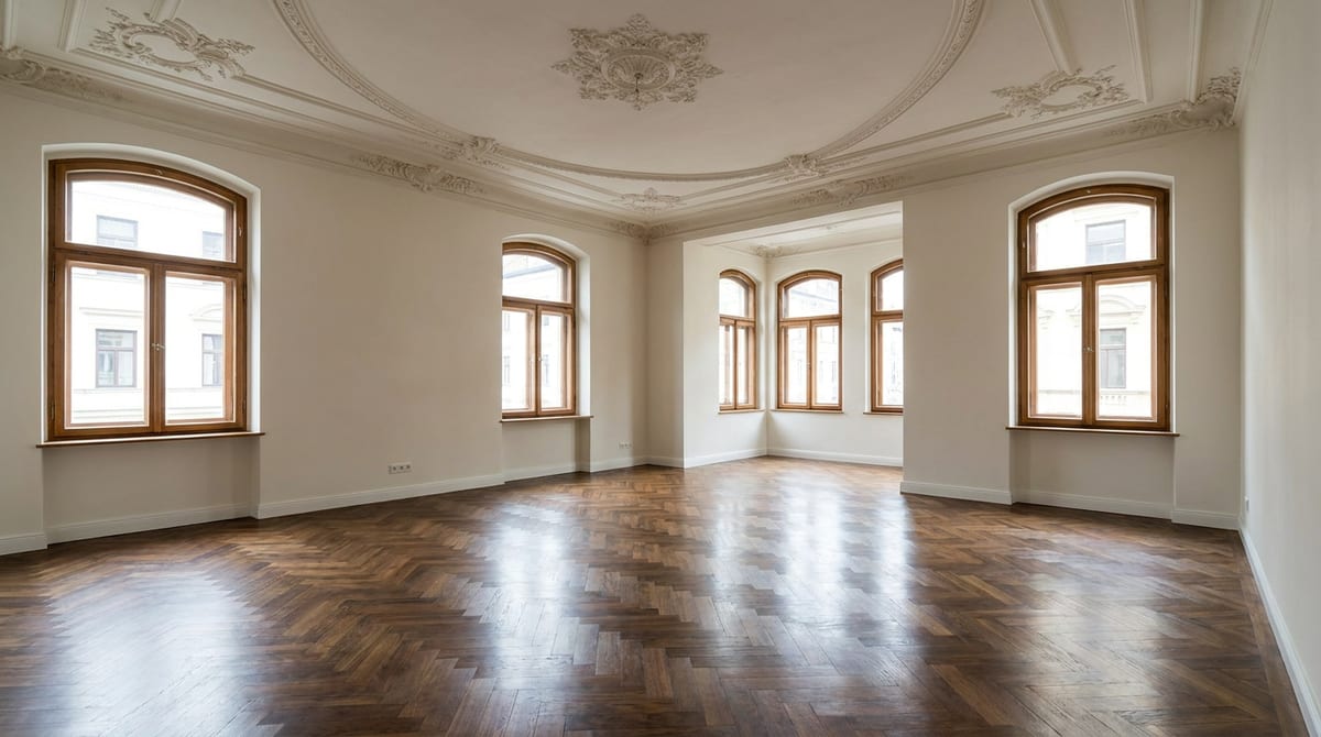 Leere, besenrein übergebene Münchner Gründerzeit-Altbauwohnung mit Stuckdecke und hohen Fenstern bei Tageslicht